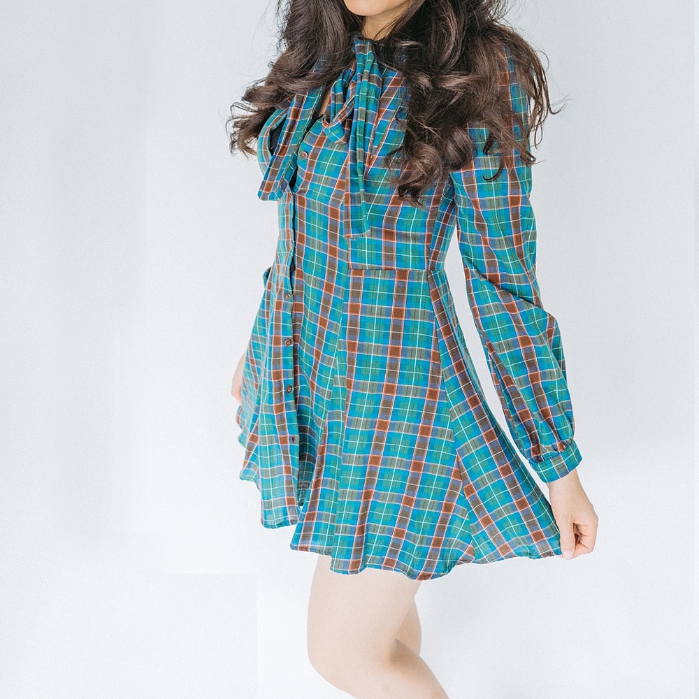 Zara PLAID Neck Bow Dress: with Buttons